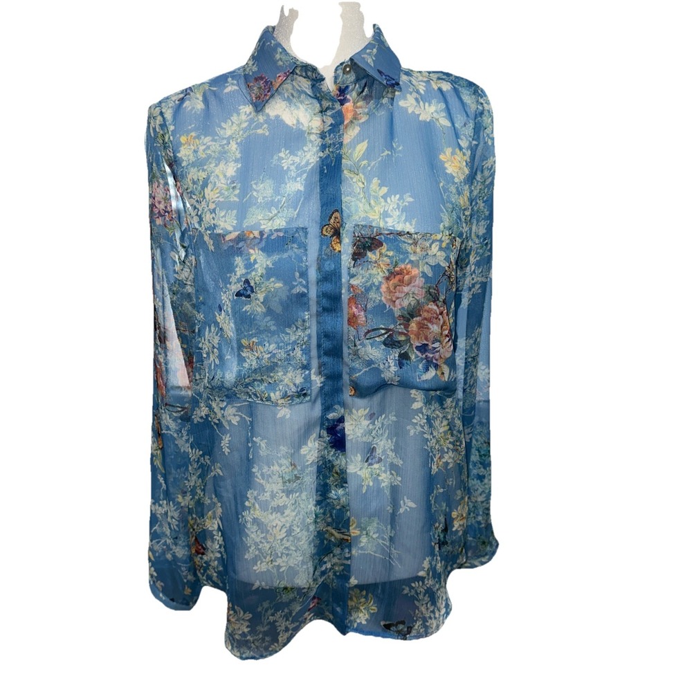 Zara Women's Blue Flower Butterfly Print Button Up Blouse SIZE Medium